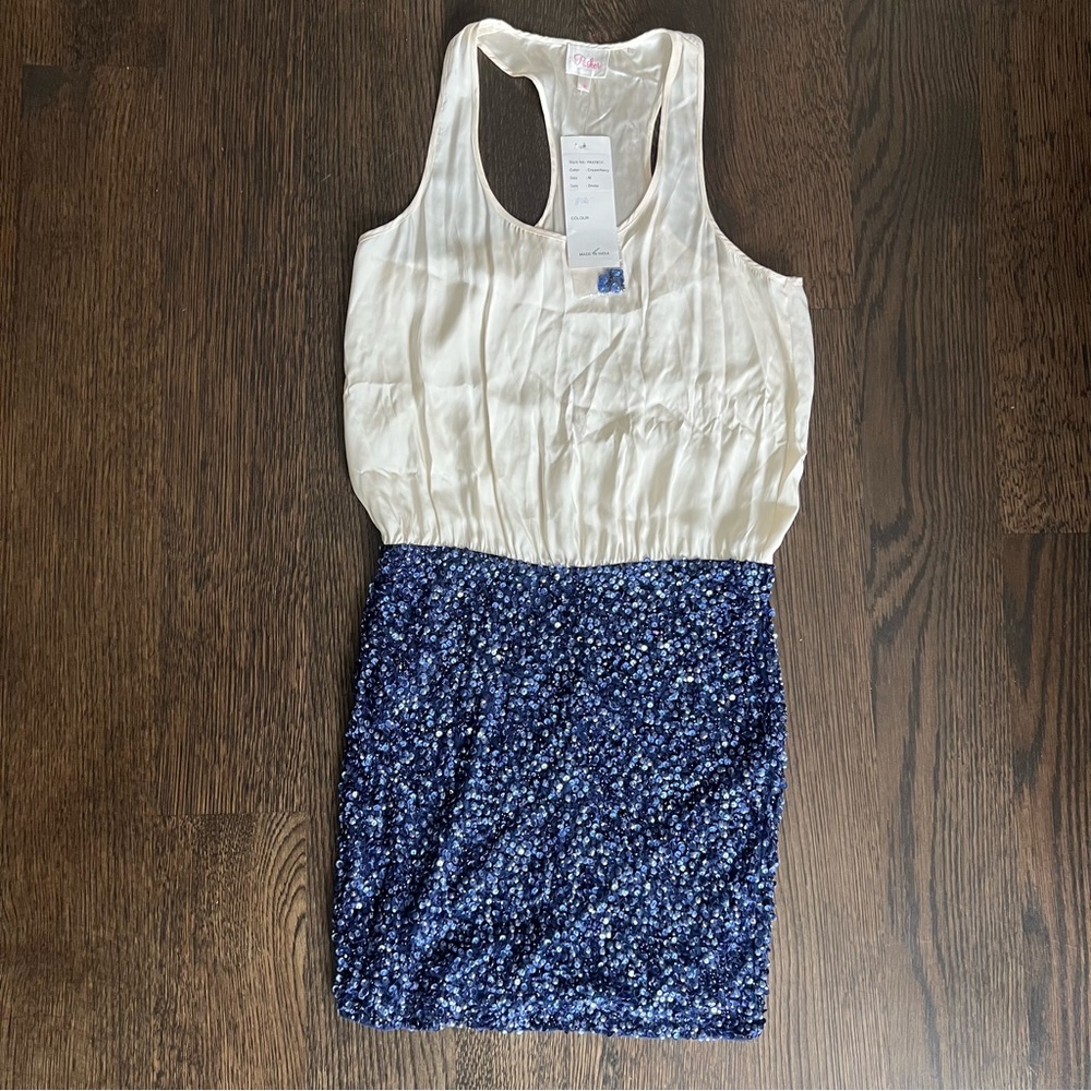 NWT Parker Cream and Blue sequin‎ Dress, Size M